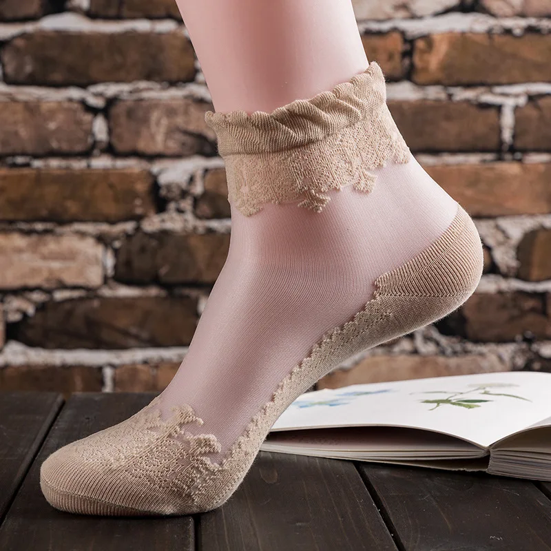 1Pair Women Lace Ruffle Ankle Sock Soft Comfy Sheer Silk Cotton Elastic Mesh Knit Frill Trim Transparent Women\'s socks Hot 2022