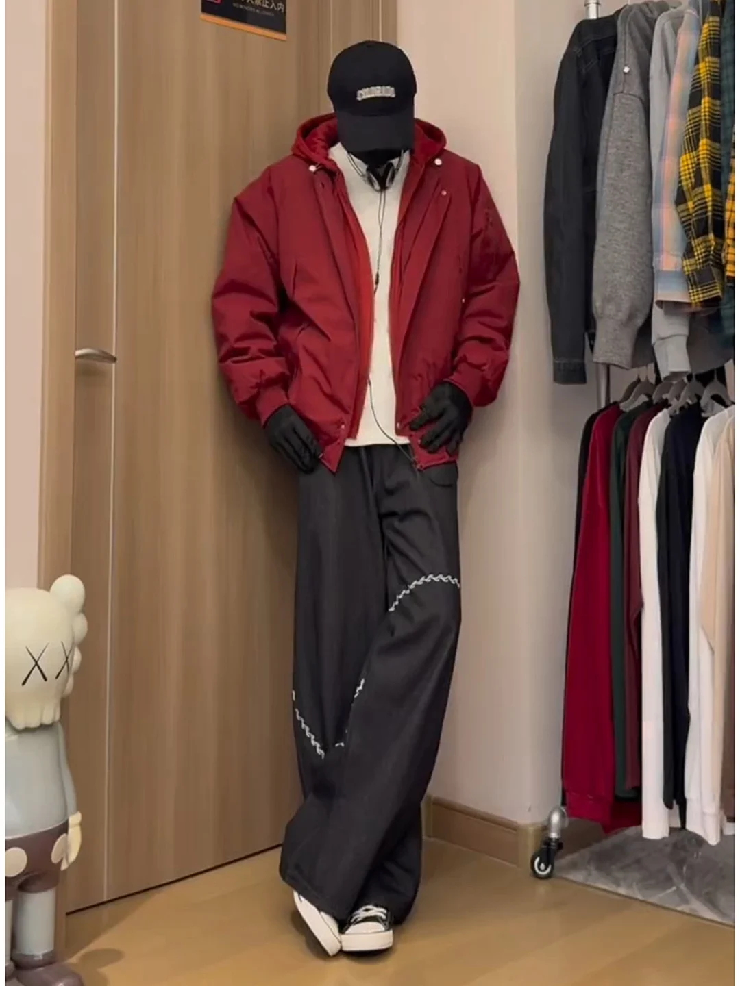 

Thickened Fleece Hooded down Cotton Jacket Men's Winter Large Size Warm Loose Cotton Coat Red Wine Color Fake Two-Piece