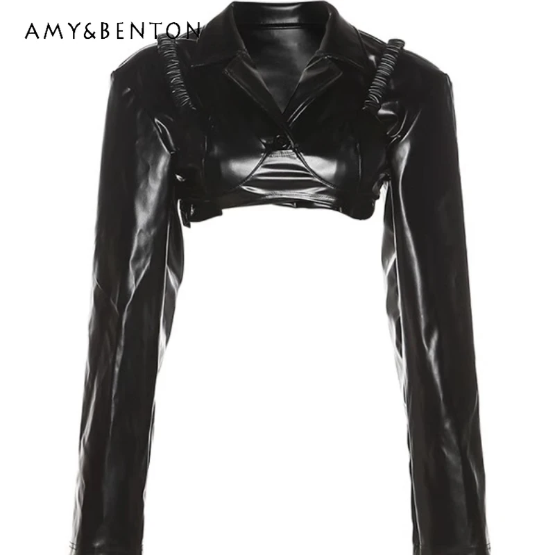 

Original Black Hot Girl PU Leather Coat Women's Cover-Up Sling Gothic Punk Sweet Cool Sexy Ultra-Short Coat Two-Piece Set Ladies