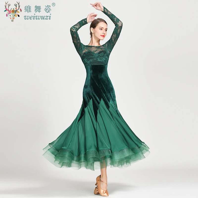 Traje de performance de dança moderna, vestido de renda de manga comprida, dança social feminina, padrão nacional, vestidos de competição de valsa