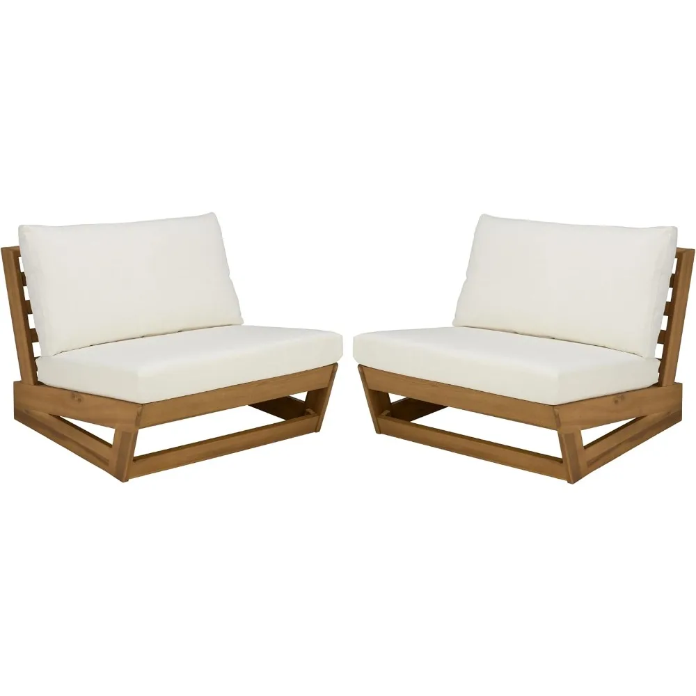 Outdoor Chair Set of 2 - Natural and Beige Solid Wood - Weather Resistant - Suitable for Patio, Deck, Backyard