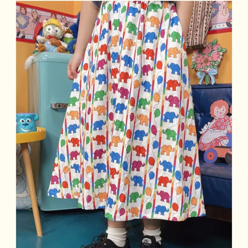 2024 Spring and Autumn Fresh and Sweet Japanese High Waist Loose Printed Animal Straight Skirt Folds Women's Mid Length Dress