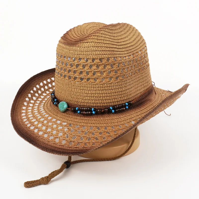 European and American hollow-out outdoor straw , western cowboy , turquoise hat with ethnic-style embellishments, ja