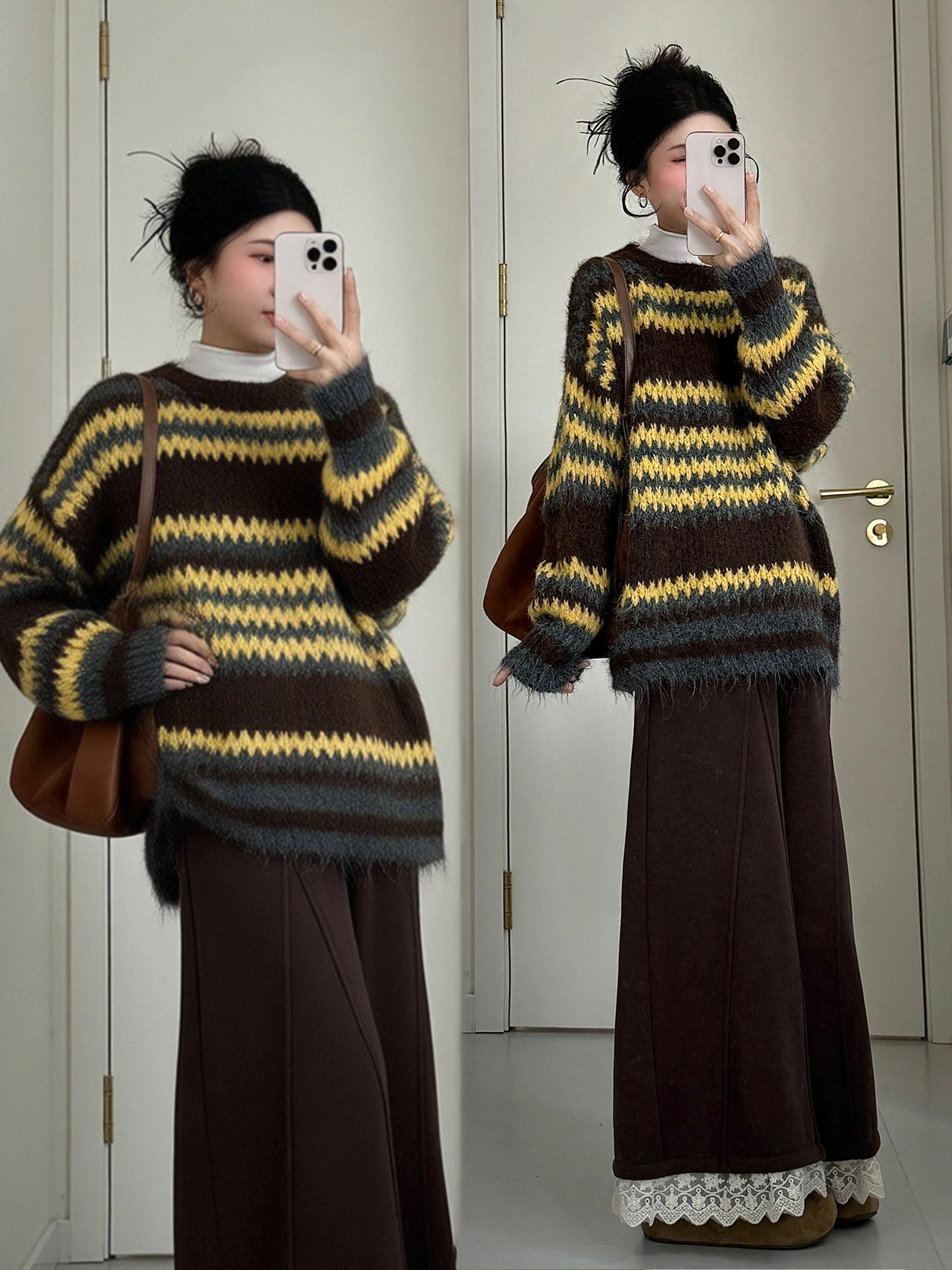

Winter plus Size Women's Knitted Sweater And Lace Wide Leg Pants Set Striped Vintage Korean Sle Faion Ensemble for Ladies