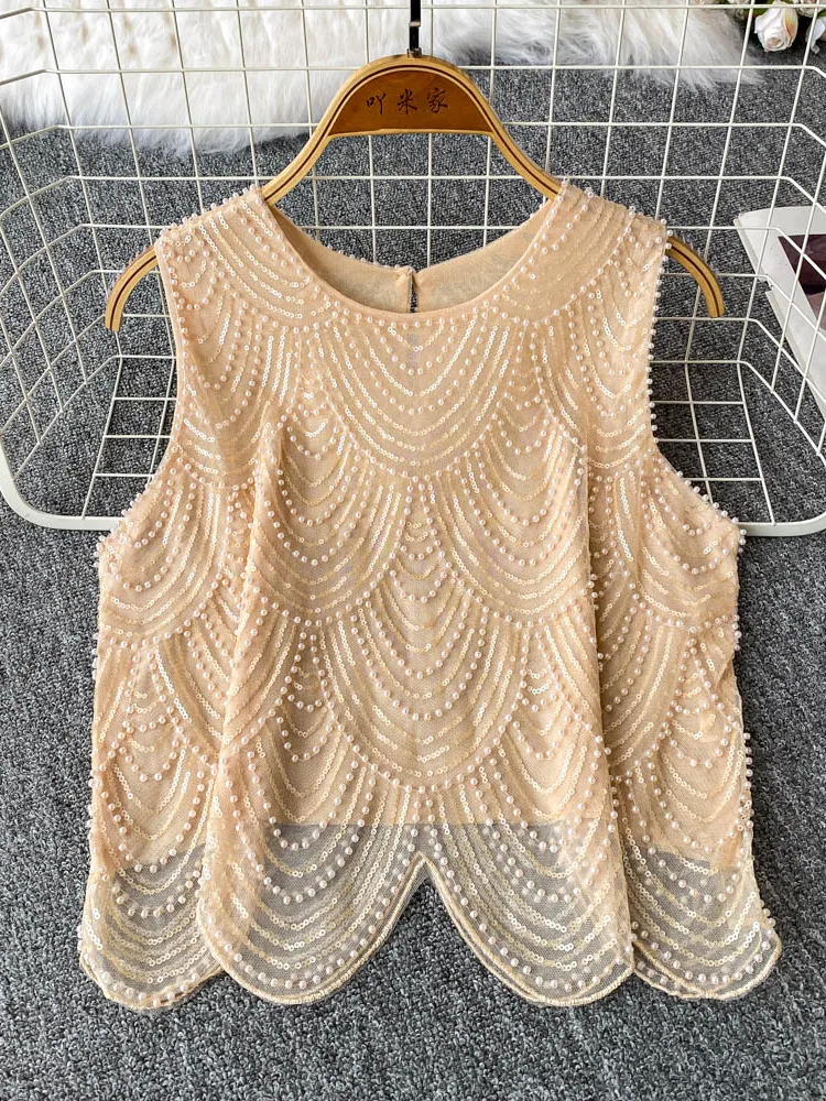 Colete f slim fit, gola redonda, sem mangas, enfeite pesado, lantejoulas brilhantes, novo design, formato de arco, top...