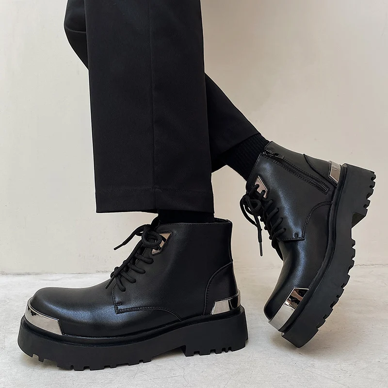 British Style Black High Top Boots Men Fashion Chunky Platform Boots Women Men Luxury Leather Shoes Punk Motorcycle Tooling Boot