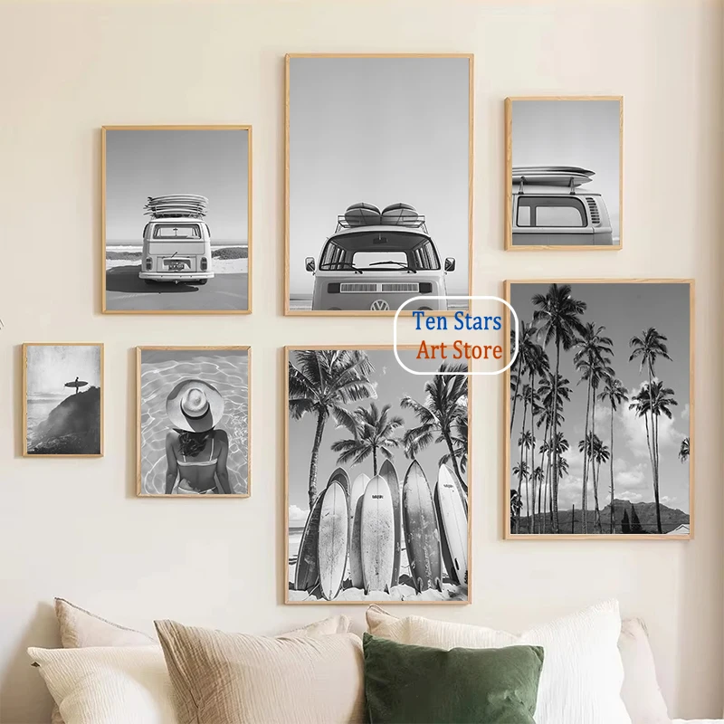 Retro Lifeguard Vintage Black and White Californian Palm Tree Malibu Surf Poster Canvas Painting Wall Pictures Home Hotel Decor