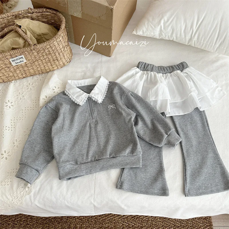 

25 осенний новый детский стильный свитшот с кружевным воротником, комплект для девочек, детский свитшот + брюки с расклешенным подолом