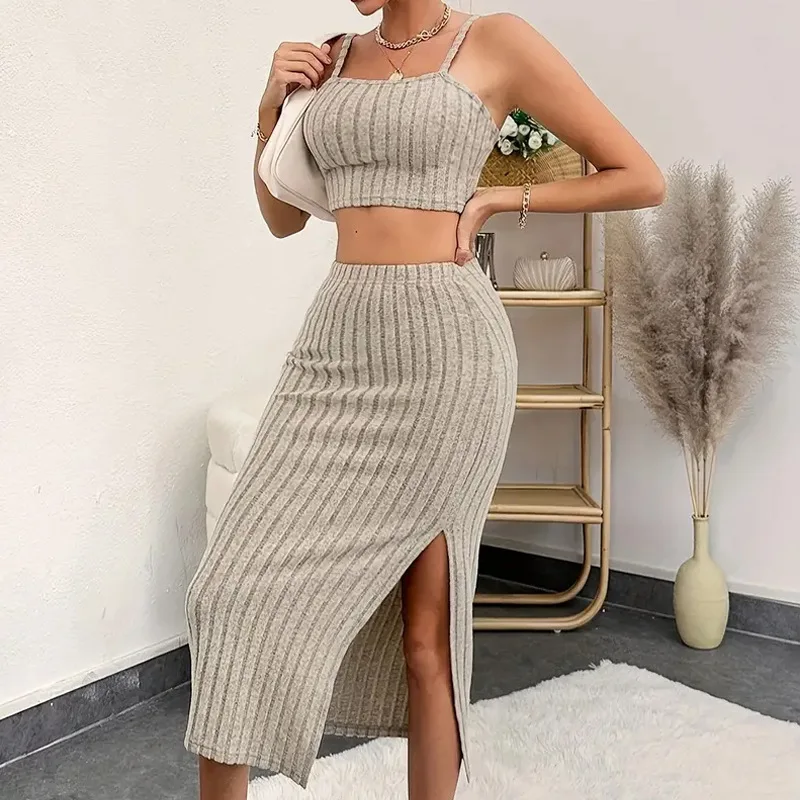 Fashionable and Sexy Open Waist Suspender Vest Temperament Slit Slim Fit Long Dress Two-piece Set Womens Dresses