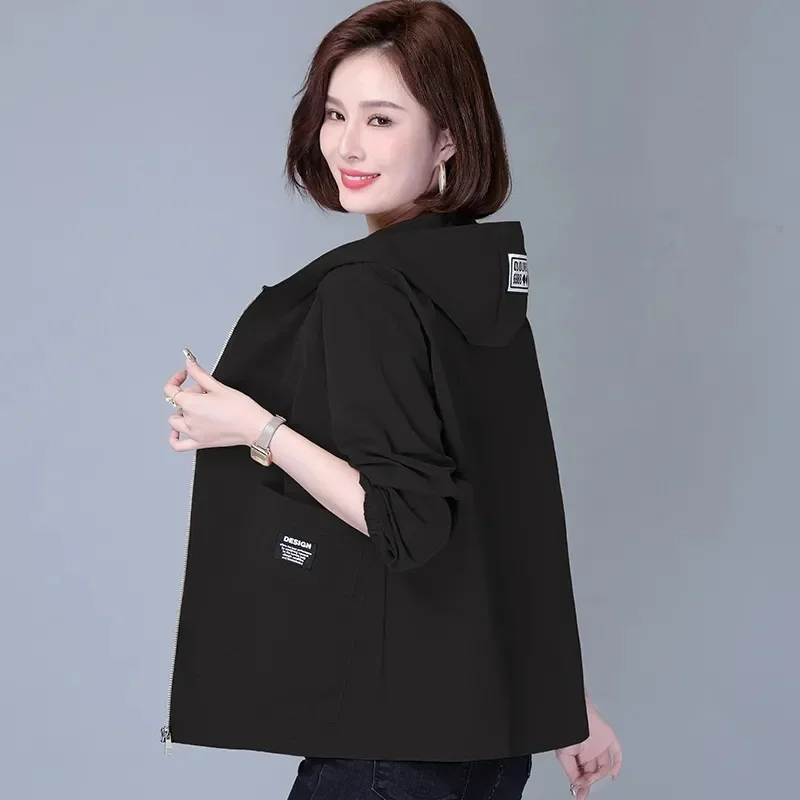 Women Jackets Hooded Summer Sun-proof Zipper Trench Coats Loose Windbreaker Solid Color Outerwear Breathable Lightweight Clothes