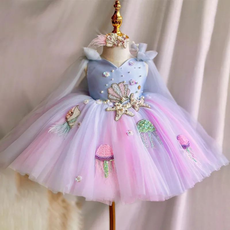 

Kids Mermaid Theme Tutu Dress with Sea Creature Embellishments Pastel Color Tulle Bow&Cape Details Perfect for Party&Performance