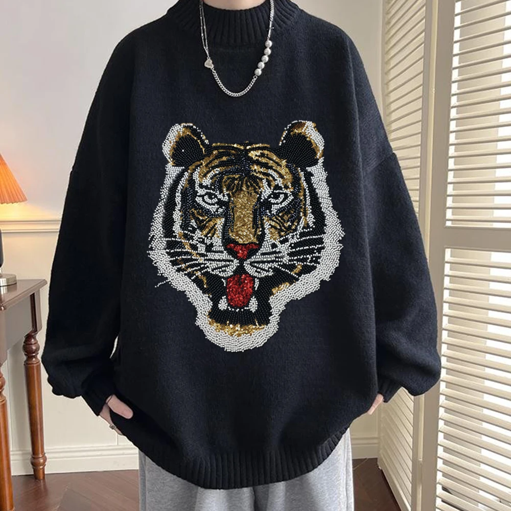 Domineering Sequin Cool Yellow Tiger Embroidery Beaded Patch Punk Rock Applique Big Badge Jacket Clothes Sewing DIY Accessories