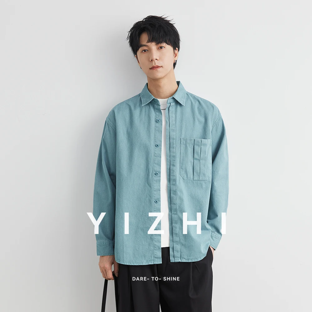 2025 Spring New Loose Casual Fashion Trendy Work Shirt Coat Men's Solid Lapel Button Pocket Water Washed Pure Cotton Shirt Top