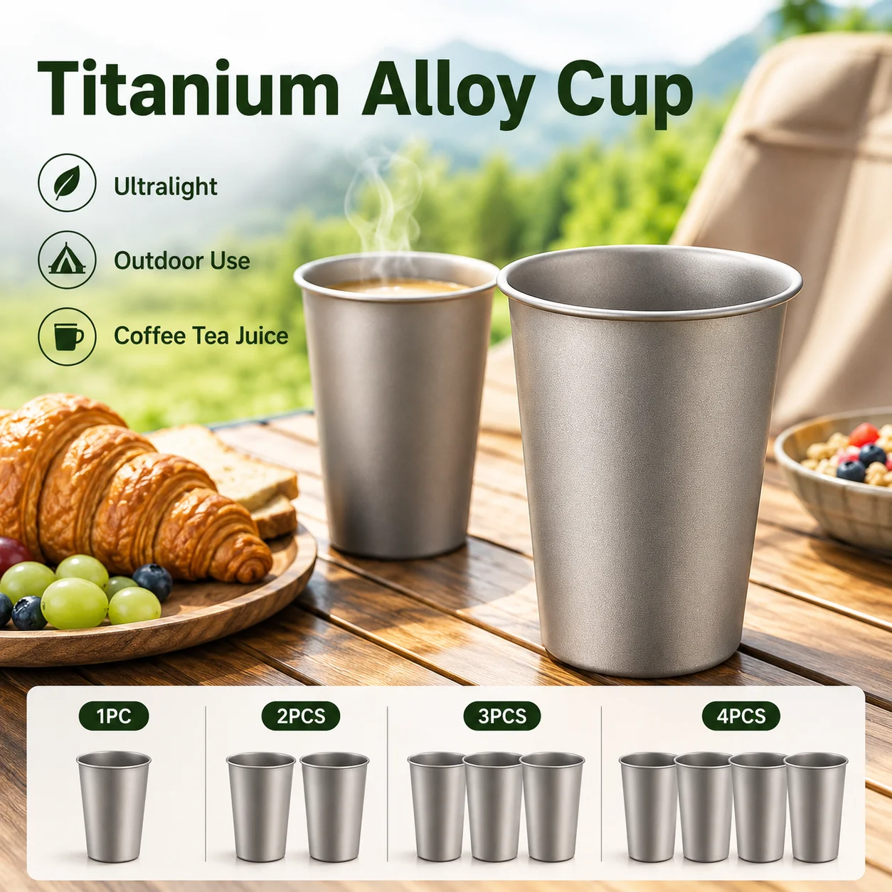 1-4Pcs Titanium Alloy Cups Approx 60g Lightweight Water Cup Camping Mug for Hiking Backpack Travel Outdoor Drinkware Tableware