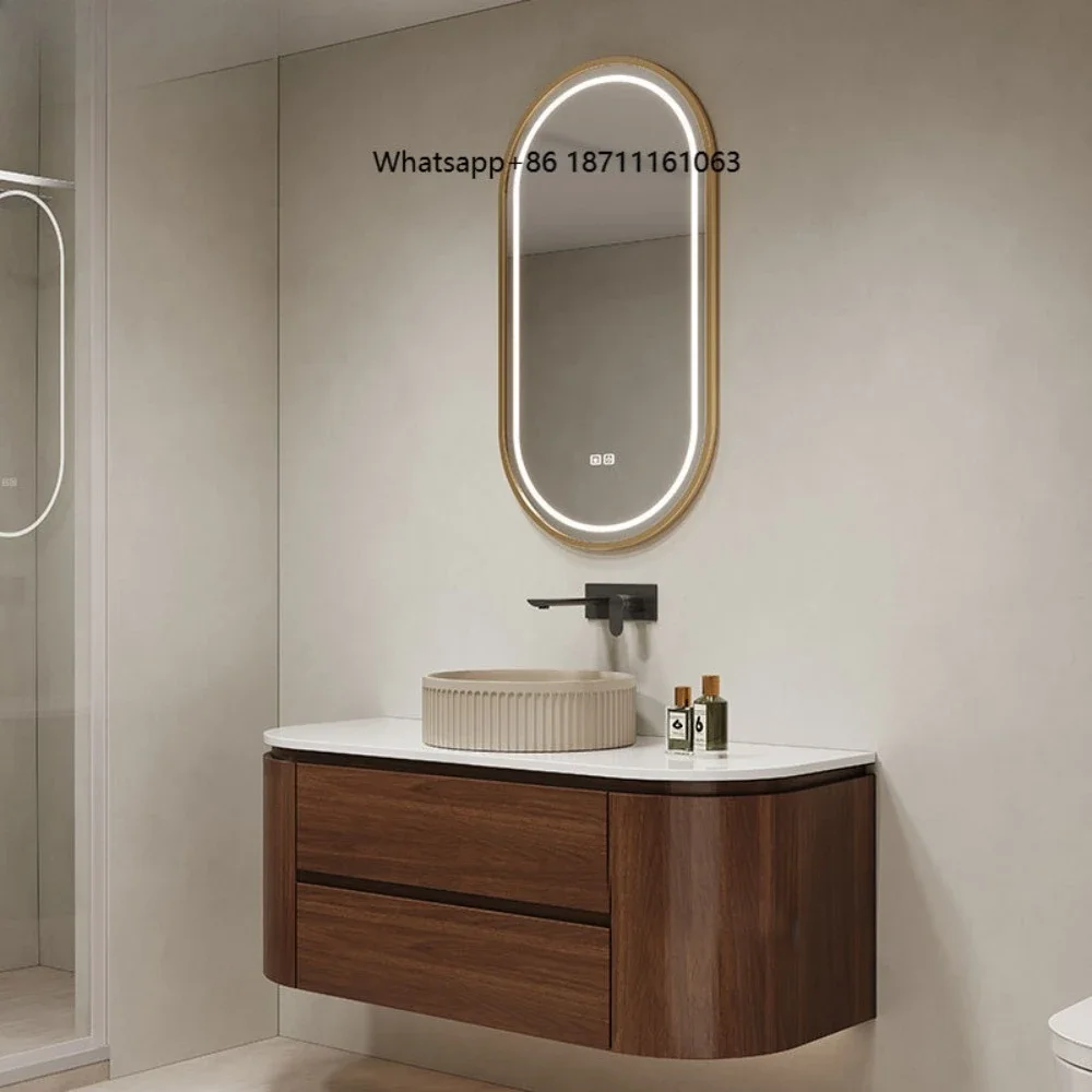 Factory Direct Luxury Walnut Curved Floating Single Sink Bathroom Vanities, Sintered StoneCountertop, Fluted Ceramic Vessel Sink