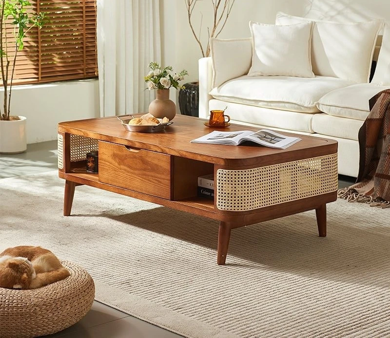 Medieval rattan drawer coffee table, small living room, practical and simple, ash wood