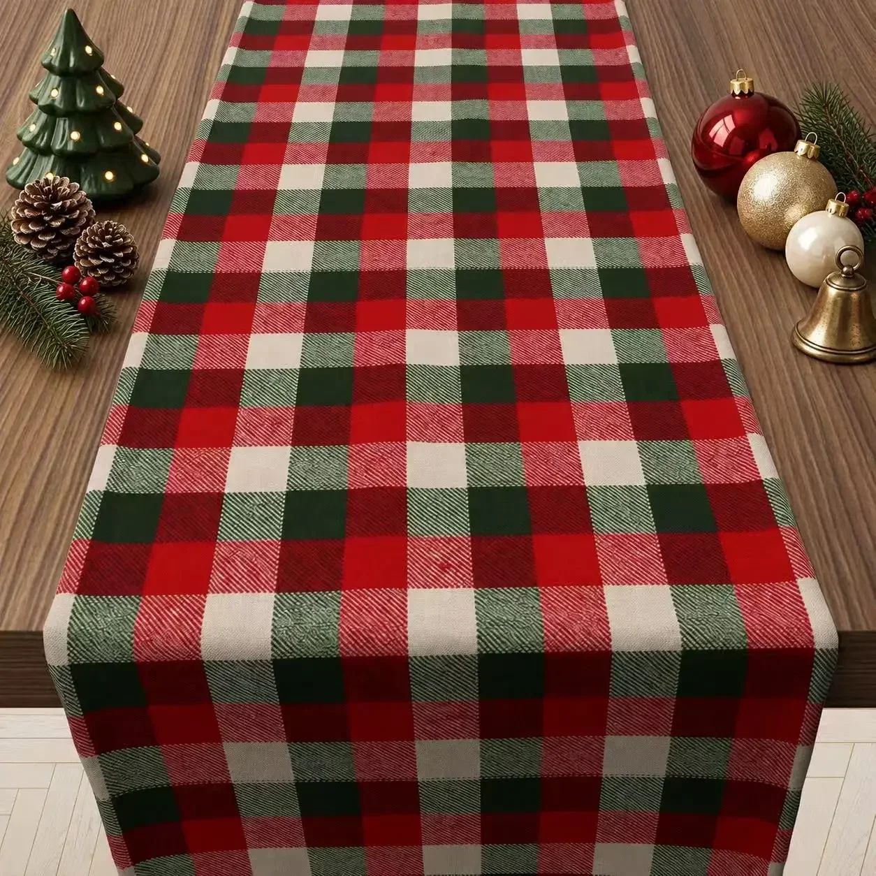 Tartan Check Table Runner Red Green Buffalo Plaid Print Cloth Polyester Long Placemat Christmas Holiday Dinner Decor
