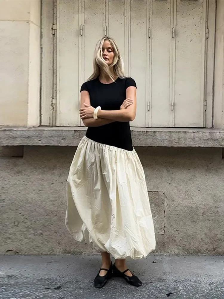 Robe mi-longue à col rond pour femmes, abonné élégant, fleur bourgeon, fibre oblique, bord épissé, femme, nouveau streetwear élégant, chic