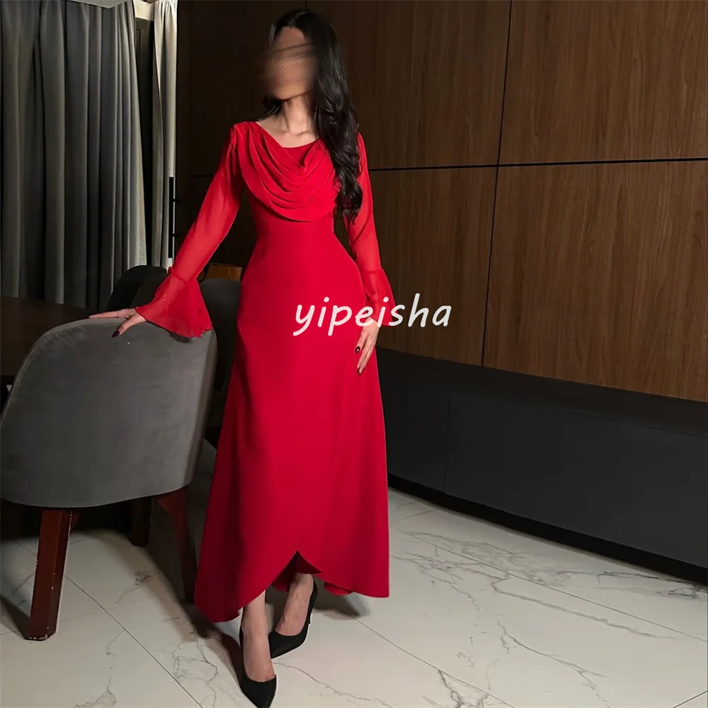 Tamanhos personalizados disponíveis simples jérsei plissado ruched a linha colher pescoço midi vestidos sob medida ocasião vestidos combinando clássico