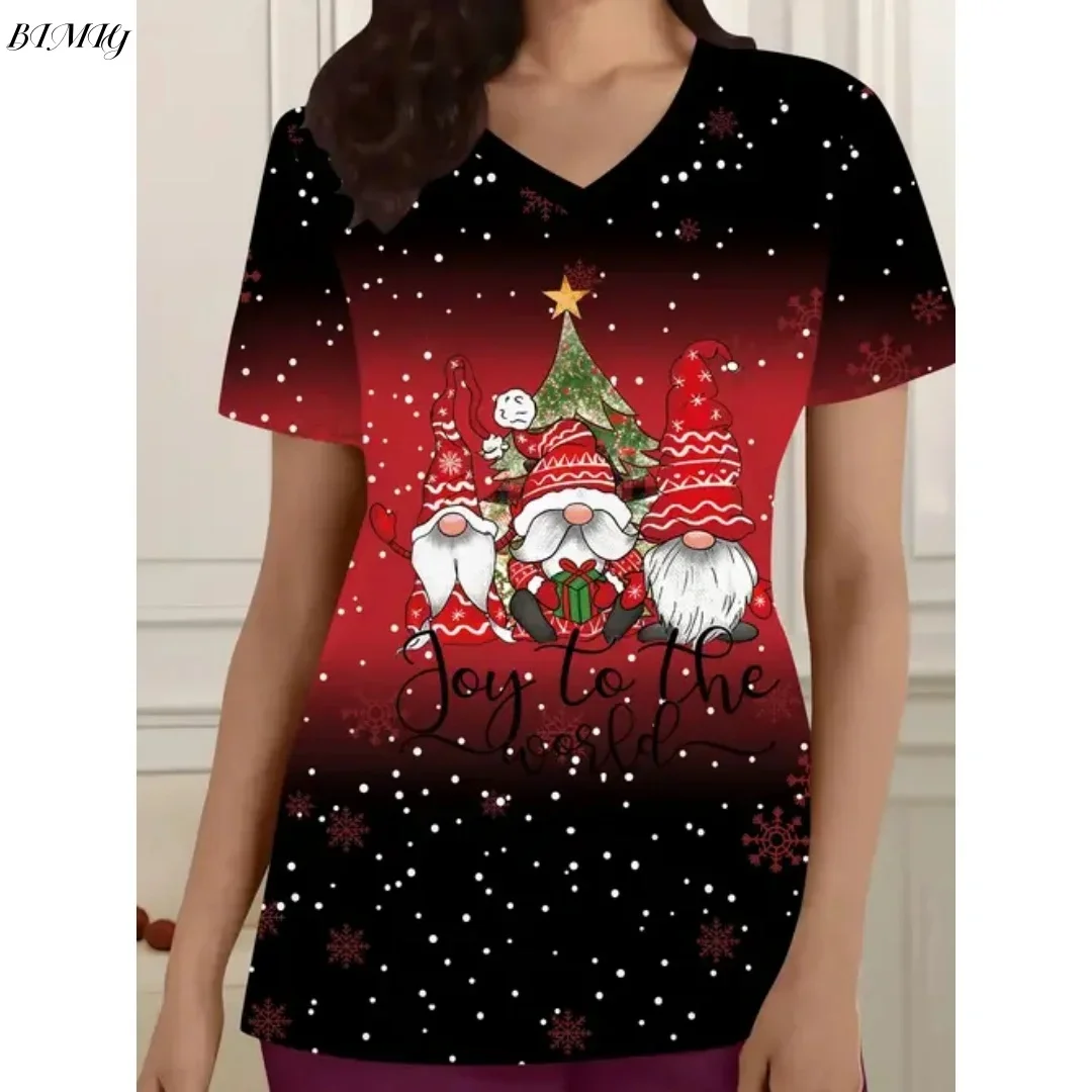 Праздничный рождественский уродливый топ с v-образным вырезом и карманами с принтом Санта-Клауса, удобная женская униформа медсестры, женская одежда с короткими рукавами
