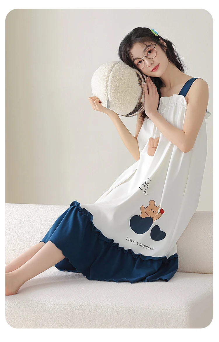 2025 Summer Cotton Cute Cartoon Bear Print Sweet Ruffles Suspender Pajamas Girl New Sexy Square Collar Comfortable Loungewear