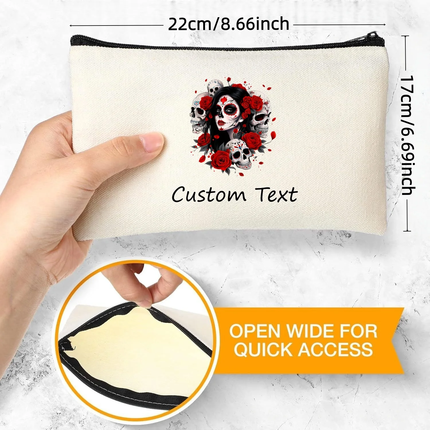 1PC Custom Text Day of the Dead Sugar Skull Lady Rose Cosmetic Pouch Zipper Makeup Bag Personalized Canvas Storage Gift