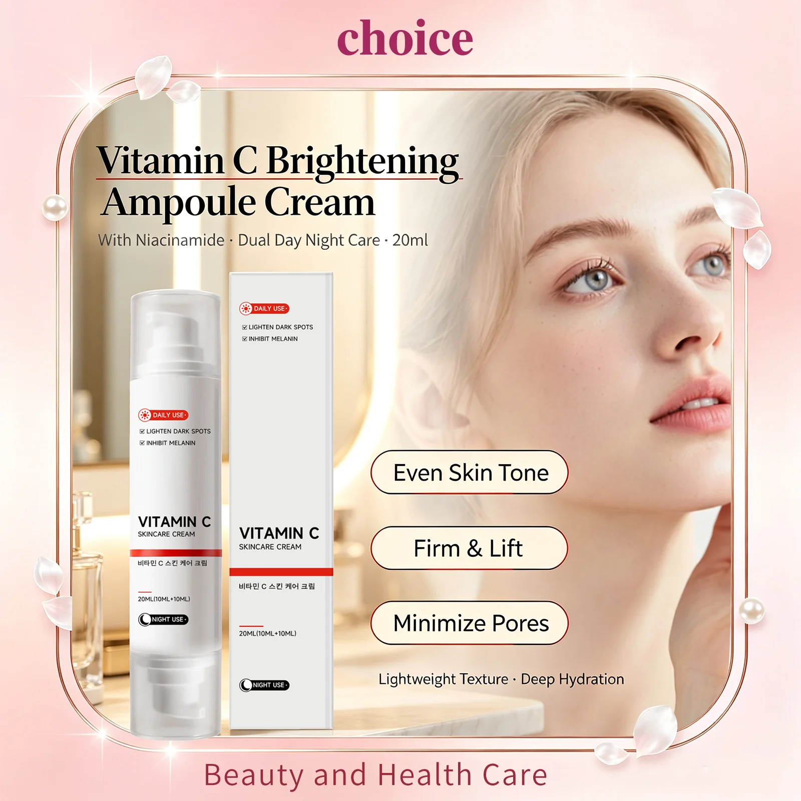 Vitamin C Brightening Ampoule Cream With Niacinamide Dual-Ended Day Night Care Even Skin Tone Hydrating Lightweight Face Cream