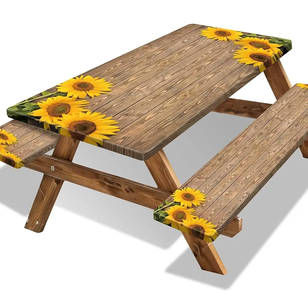 

Чехол для пикникового стола с чехлами для скамеек 6 футов, водонепроницаемый, с узором под подсолнухи, эластичный, с текстурой дерева, для улицы