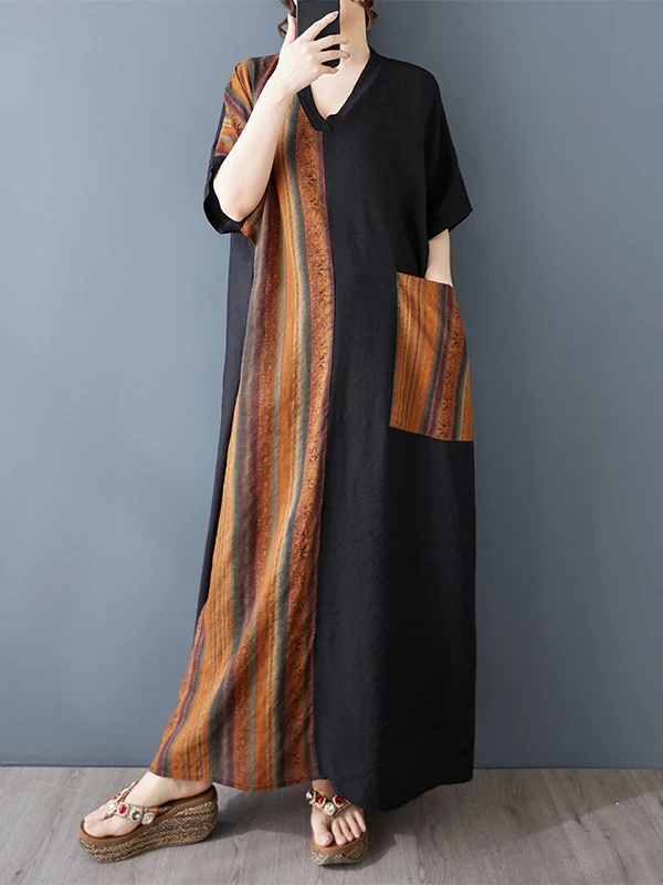 

Новинка лета, длинное платье больших размеров с V-Ne ort Sve, свободное утягивающее платье из хлопка и льна длиной до колена, повседневная одежда трапециевидной формы Dr