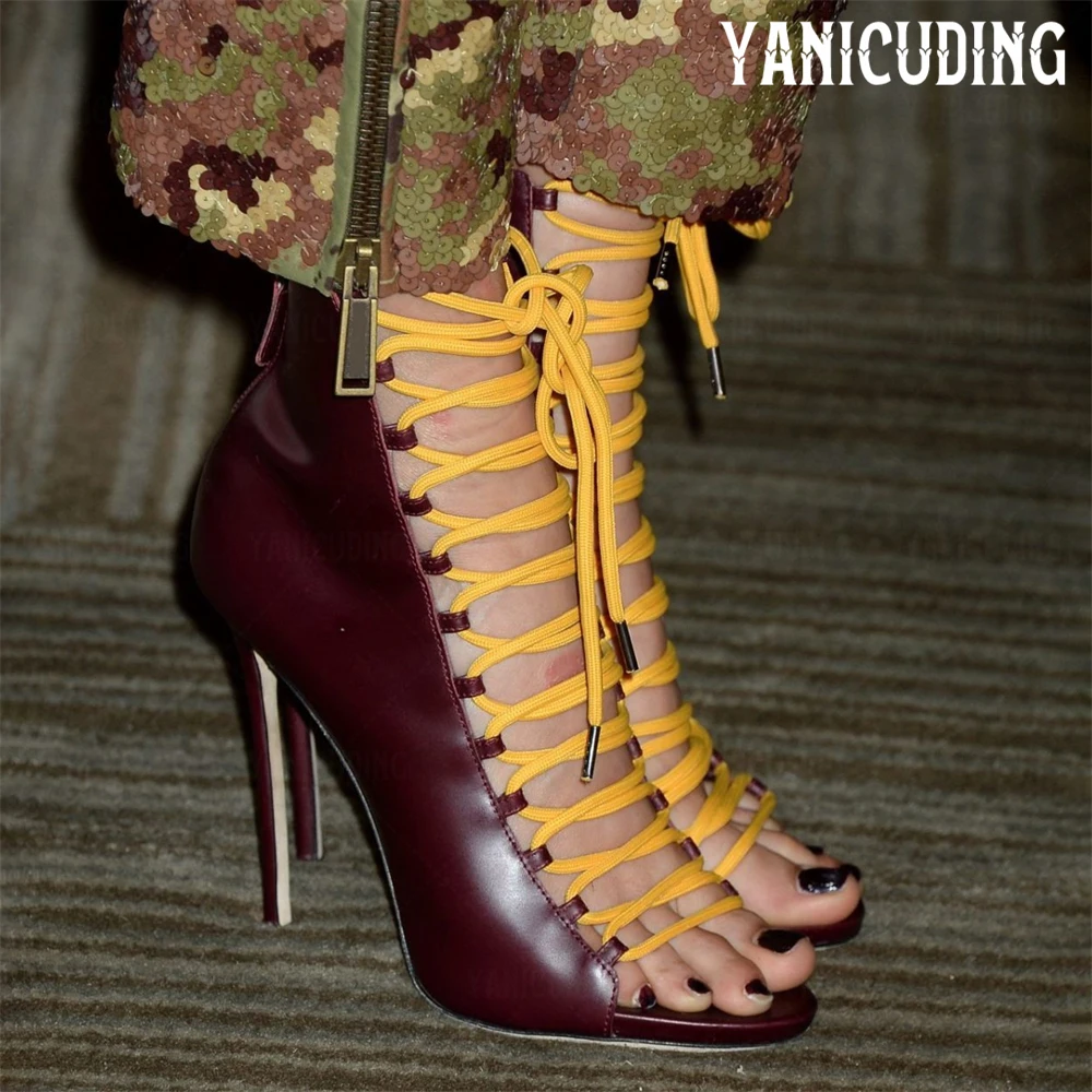 

Colorblock Multiple Strap Sandals Round Open Toe Zipper Boots Cross Strap Summer Stiletto Ankle Boots Women Customizable Colors