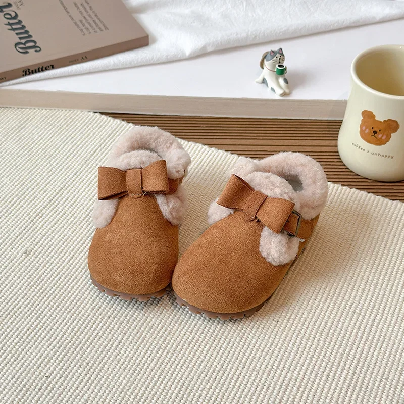 

Girls Princess Moccasins Warm Sweet Kids Flats Round Toes Simple Bows 2025 Winter Children Princess Boots Soft Bottom Non-slip
