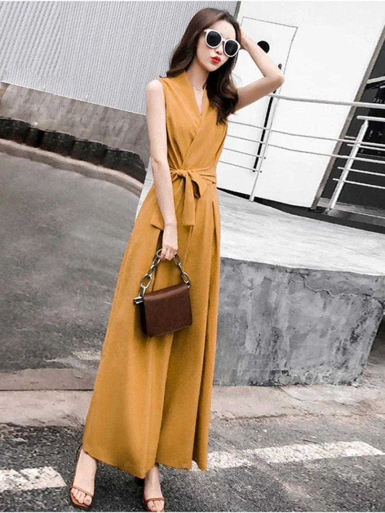 

Jumpsuit Women Elegance Summer V-neck Sleeveless Solid Color Lace-up Clothing Pants Overalls Fashion Commuting Ladies Jumpsuit