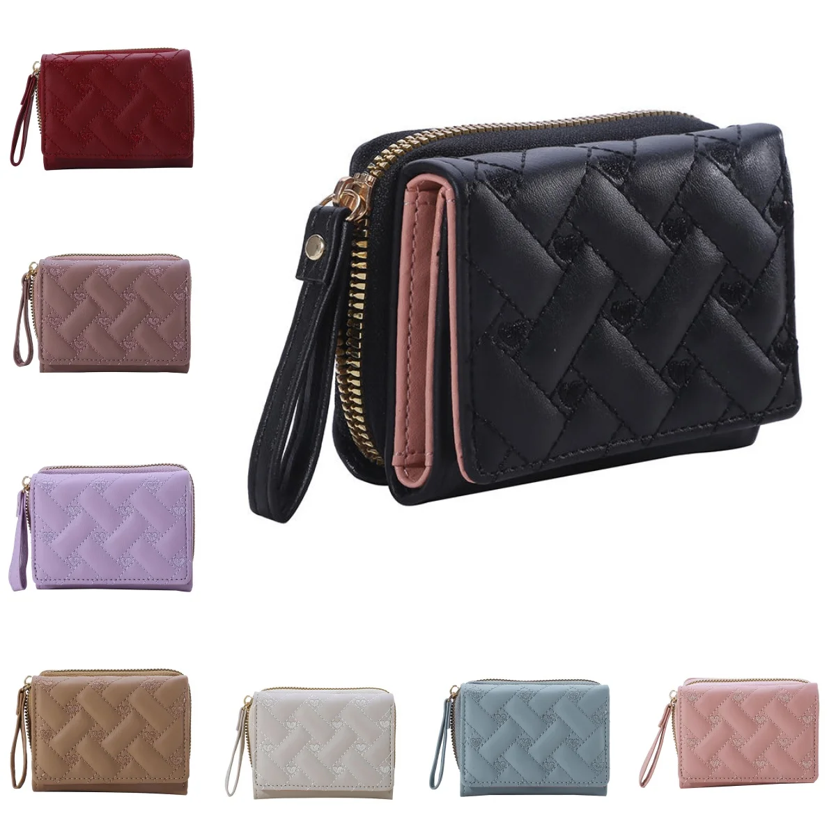 PU Leather Tri-Fold Wallet for Women Embroidery Multiple Card Slots Purse with Coin Pocket Minimalist Cash Card Holder