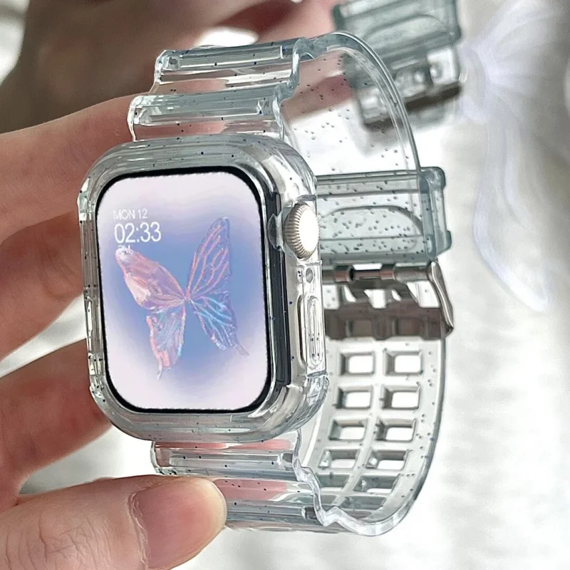 Custodia protettiva con cinturino sportivo glitterato trasparente per Apple Watch 45mm 41mm 44 per la serie 9 8 7 Band donna ragazza cinturino trasparente scintillante