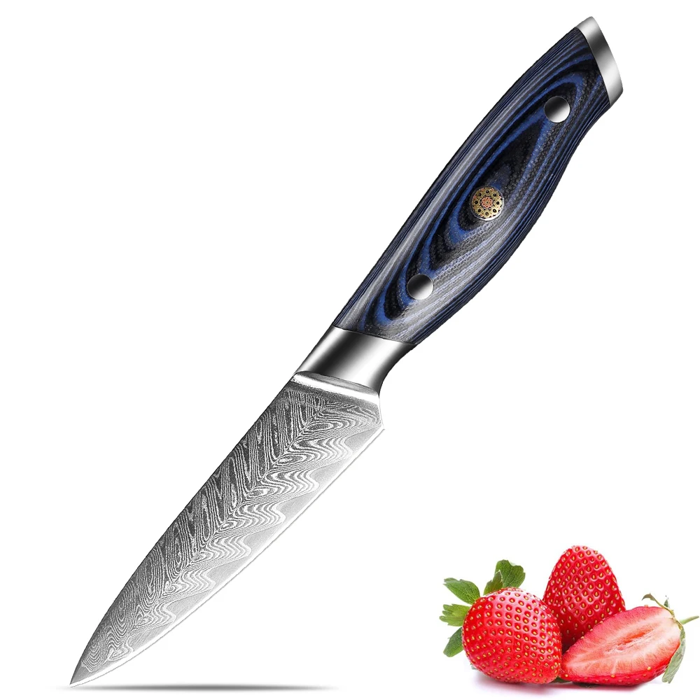 Schälmesser aus Damaststahl, 8,9 cm, Obstmesser mit blauem G10-Griff, scharfe japanische Küche, multifunktionales kleines Kochmesser