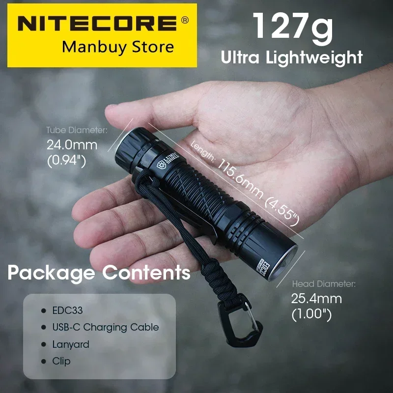 NITECORE EDC33 EDC Tactical Flashlight USB-C Rechargeable Torch Light 450 Meter UHi 20 Max,Built in 4000mAh 18650 Li-ion Battery