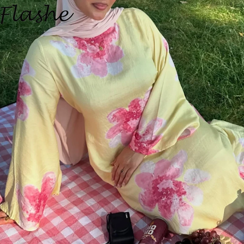 Jesienna Sukienka Damska Casual z Nadrukiem Boho Dekolt O Długi Rękaw Kwiatowa Żółta Sukienka Plażowa Wakacyjna Sukienka Damska na Imprezę Letnia