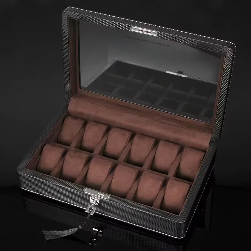 New 12 Slots Leather Watch Box Black Watch Case Storage Box With Lock Luxury Carbon Watch Display Gift Boxes Watch Organizer