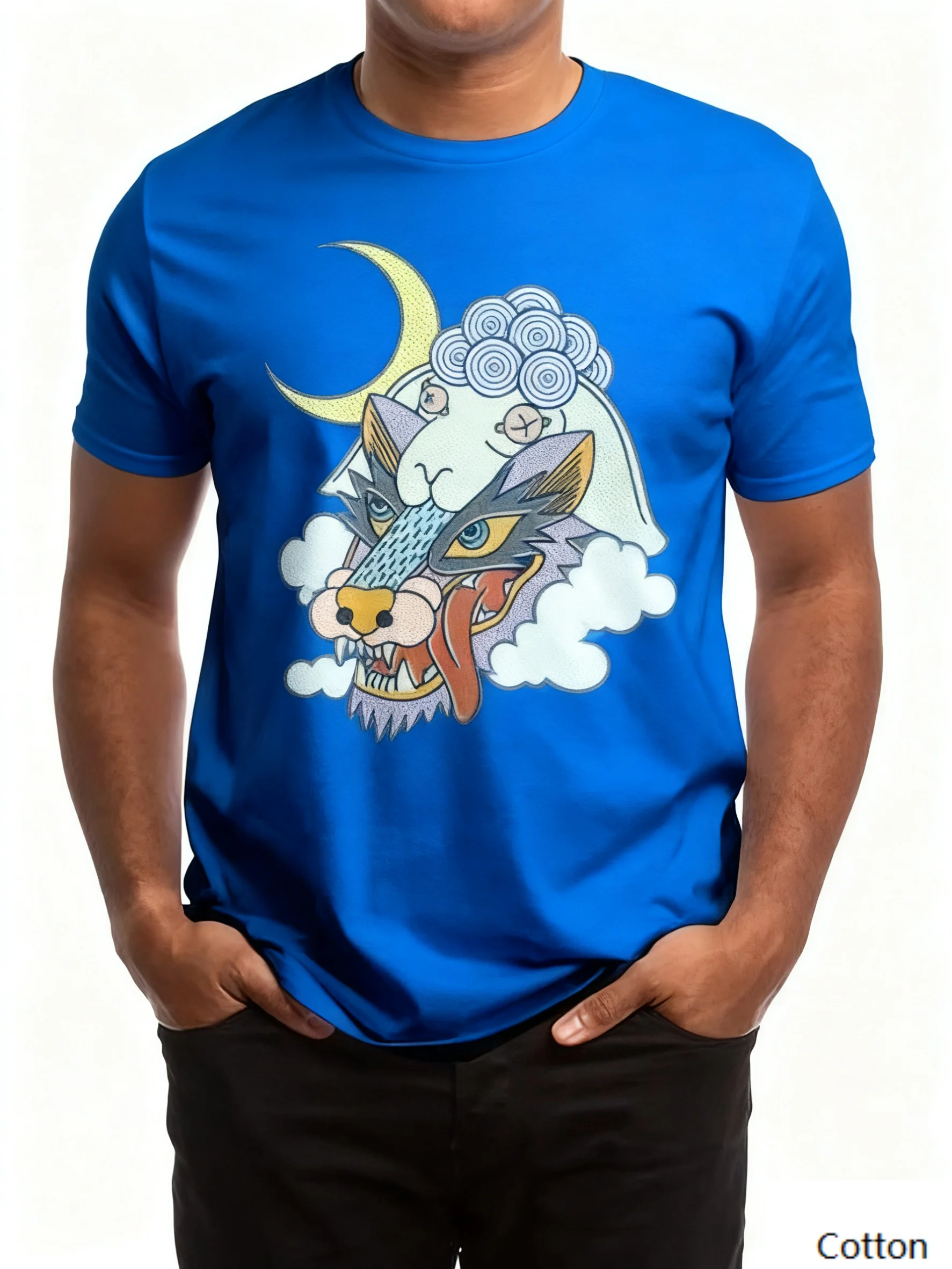 Хлопковая футболка с круглым вырезом Nostalgic Fantasy «Vintage Moon Wolf Feel» с креативным принтом волка, полумесяца