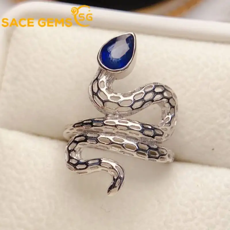 

SACEGEMS Snakelike 925Sterling Silver 5*7mm Natual Sapphire Luxury Rings for Women Created Wedding Engagement Party Fine Jewelry