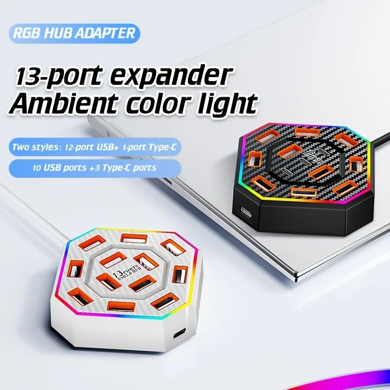 13‑Port RGB USB Hub 2.0 Splitter Multi‑Port USB Type‑C Expander Adapter Plug‑and‑Play for Laptop PC Desktop