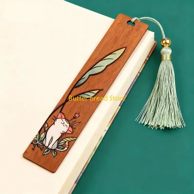 W89C Wooden Bookmarks with Pendant Replacement, Handmade Carving Book Marks