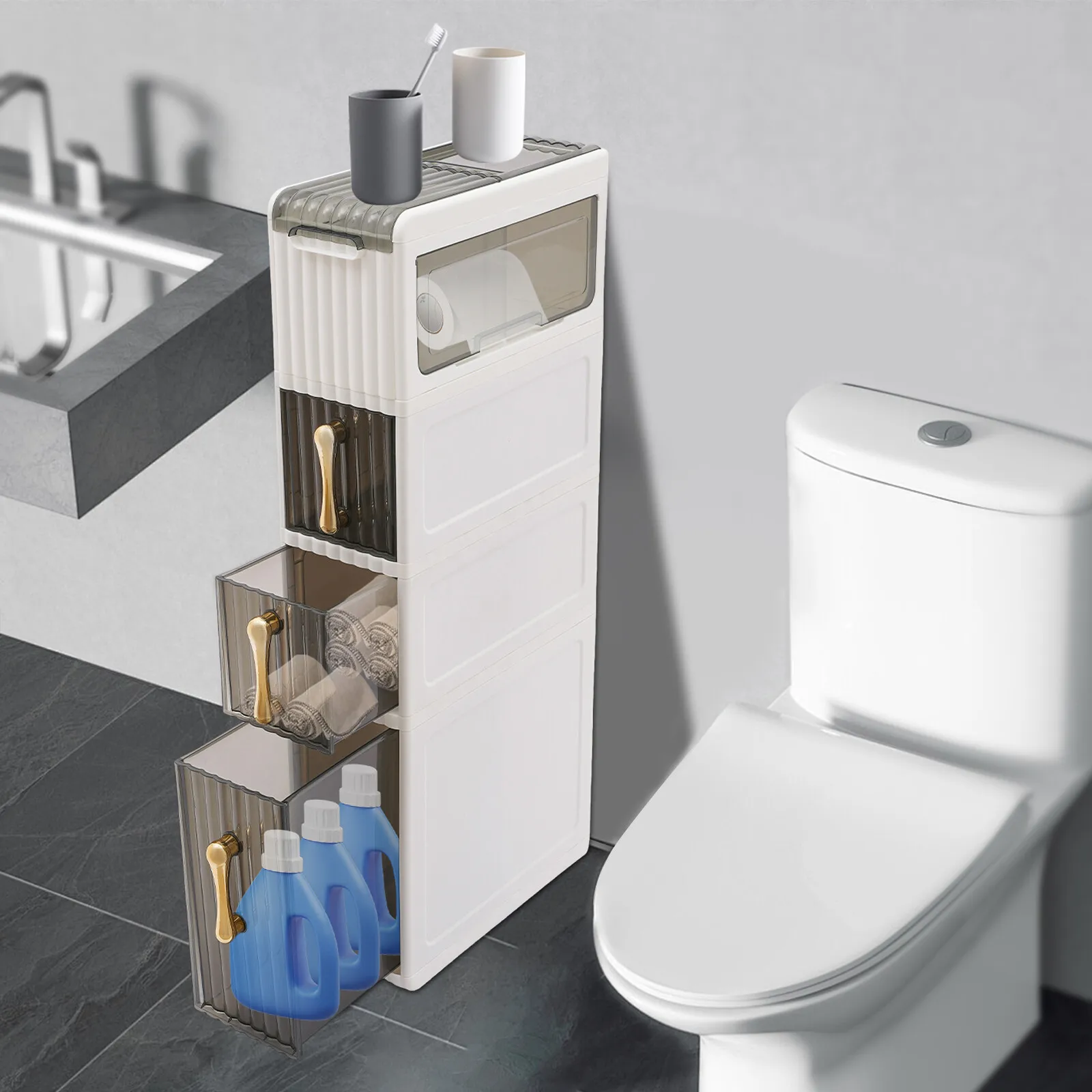 

Белый 4-уровневый напольный шкаф для ванной комнаты Premium PP — 3 ящика и 7,48 дюйма, тонкий корпус, устойчивый к ржавчине/абразии, длительный срок службы