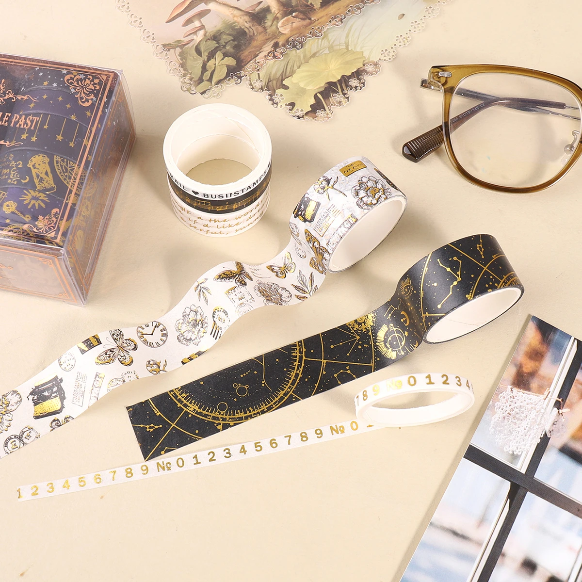 1박스 절묘한 금박 와시 테이프 세트, 다양한 패턴이 있으며 DIY 수제 일기 및 카드 장식에 적합합니다.