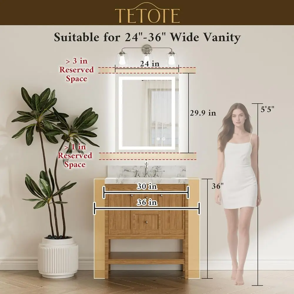 24x30 インチ LED 照明付きバニティミラー、曇り止め、3 色調光可能、強化ガラス、防水