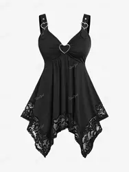 ROSEGAL Plus Size Lace Panel Heart-ring Buckles Hanky Hem Tank Top Black Women Summer Fashion Lace-up Backless Vest Tunic Tops