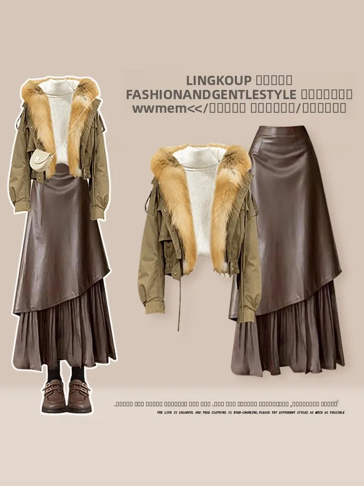 

Autumn Winter Aosphere Sensation plus Size Women's Slimming Jaet Base irt with High-End Feeling Skirt Tee-Piece Set