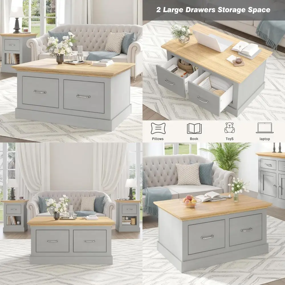 

Vintage 35 Inch Large Wooden Coffee Table with 2 Drawers, Brass Handles, Ideal for Storage and Family Use