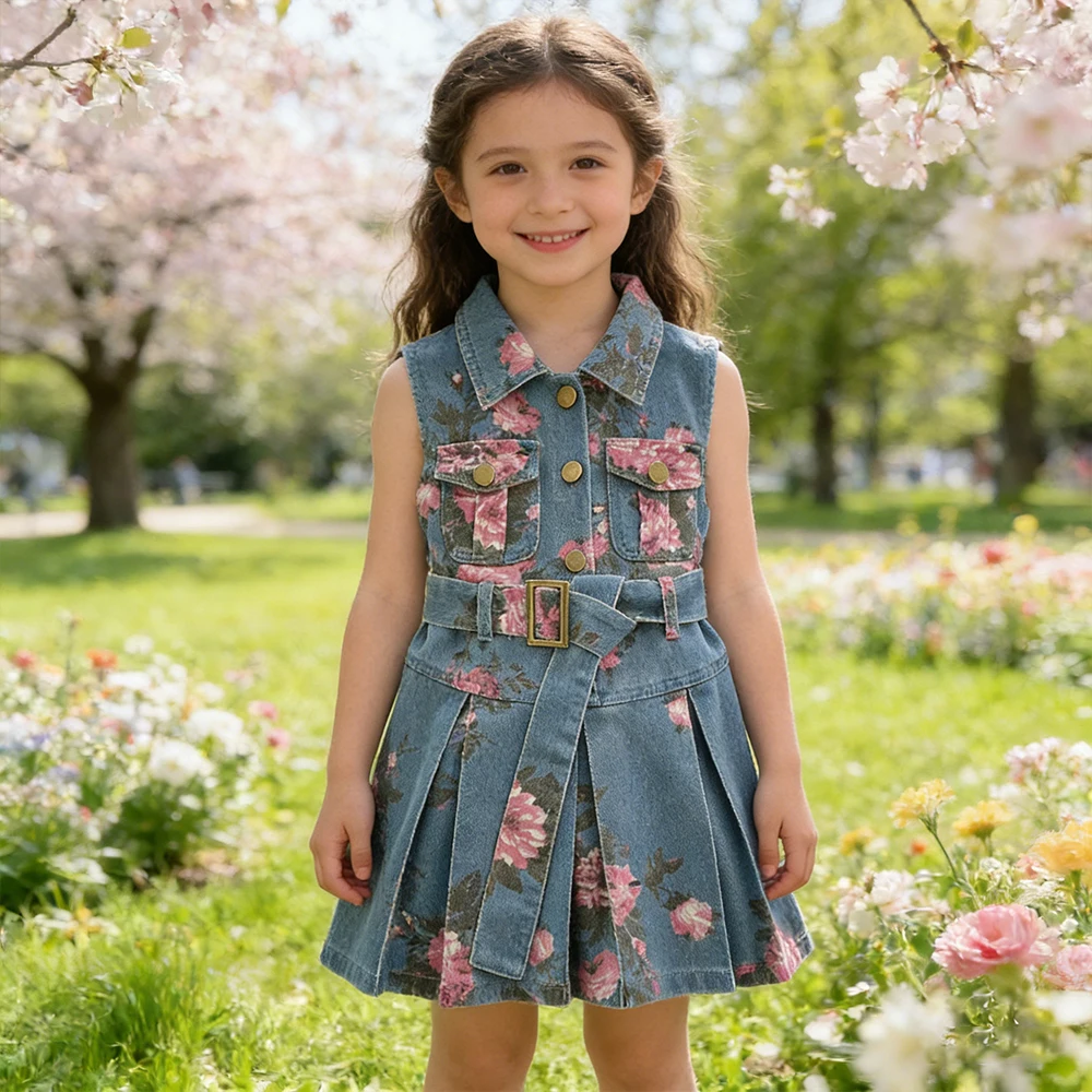 Summer New Korean Version Girls Clothes Lapel and Sleeveless Flower Printed Denim Belt Dress Casual Outdoor Toddler Dresses