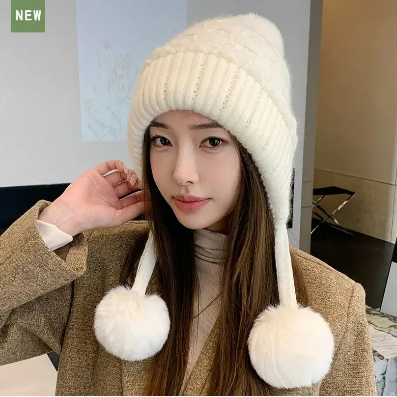 Women's Lazy Style Thick Double-Layer Rabbit Fur Hat Winter Cold-Proof Three-Pile Ear Protection Velvet Face Cover Knitted Cap
